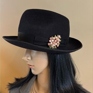 Vintage Supercraft Black Wool Fedora Hat with Removable Pink Floral Brooch